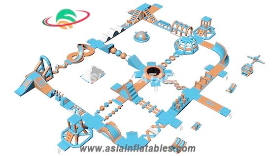 Light Blue and Orange 50 x 40 M Inflatable Floating Aqua Park Water Park For Cable Park