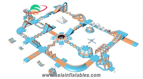 Light Blue and Orange 50 x 40 M Inflatable Floating Aqua Park Water Park For Cable Park