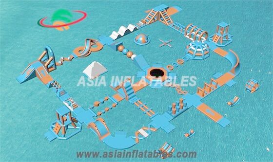 Light Blue and Orange 50 x 40 M Inflatable Floating Aqua Park Water Park For Cable Park