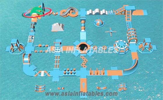 Light Blue and Orange 50 x 40 M Inflatable Floating Aqua Park Water Park For Cable Park