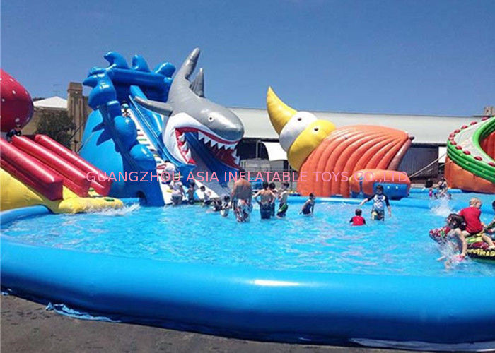 Customized Inflatable Water Parks , Giant Shark Inflatable Swimming Pool With Slide