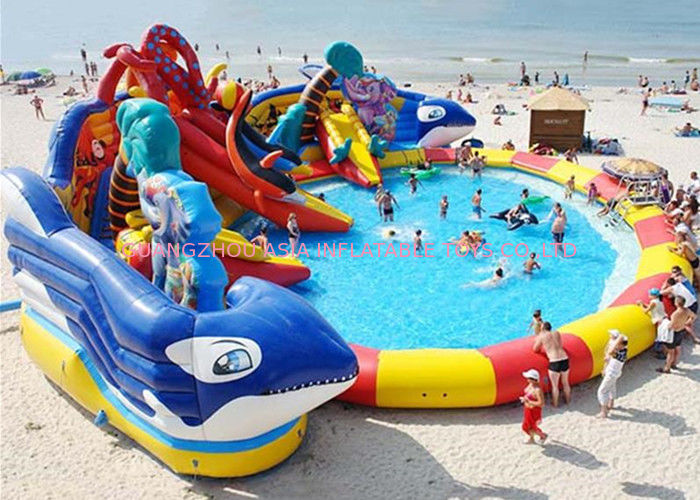 Huge Shark Inflatable Water Parks With Slide For Rent / Blow Up Water Playground