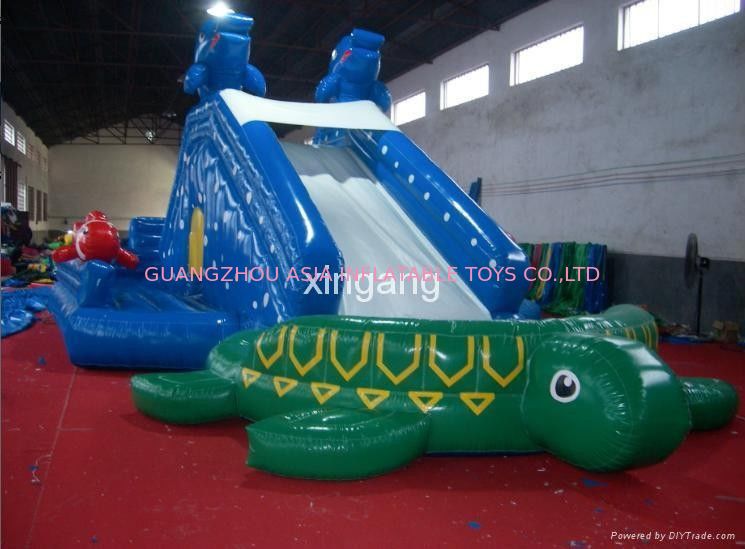 outdoor inflatable blue slide with green turtle pool