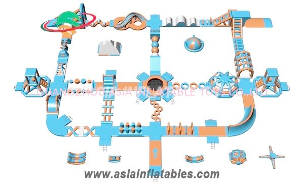 Light Blue and Orange 50 x 40 M Inflatable Floating Aqua Park Water Park For Cable Park